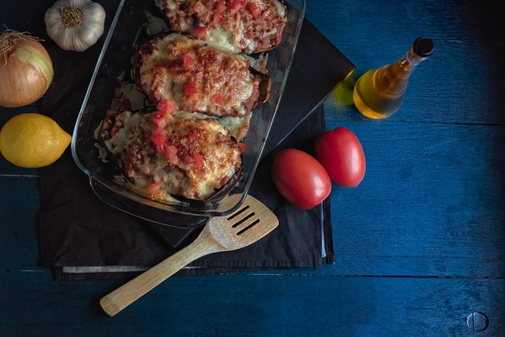 Stuffed Eggplant filled with meat, tomato and vegetables